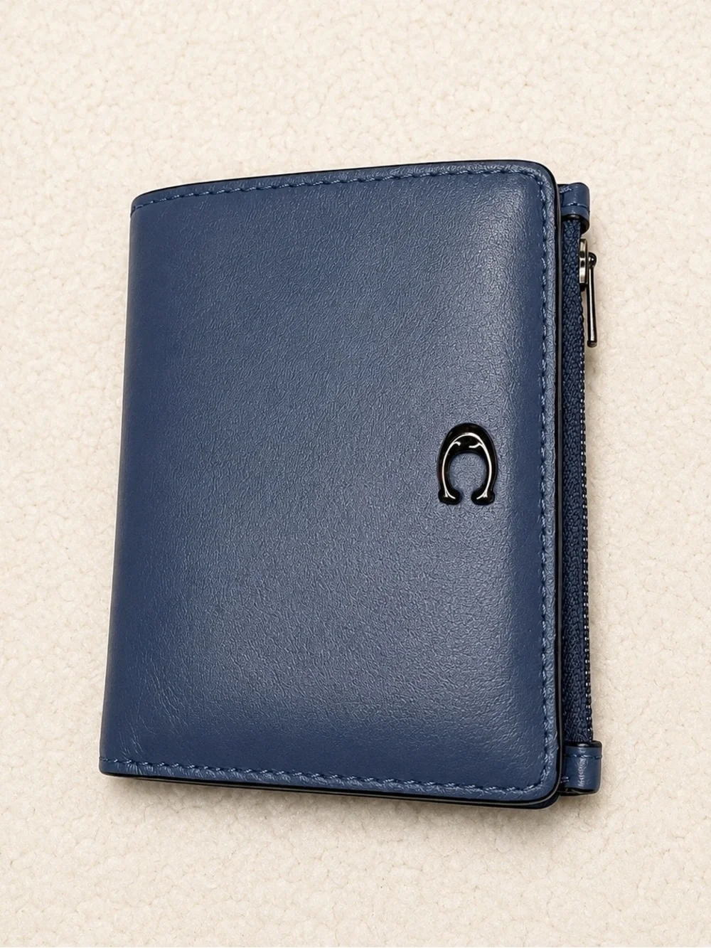 Coach Blue Leather Bifold Wallet Zip Coin Pocket Card Case Snap Closure